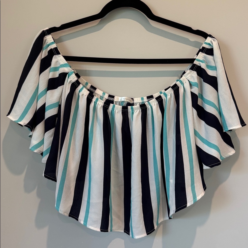 Off-Shoulder Striped Ruffle Top - Black, White & Teal